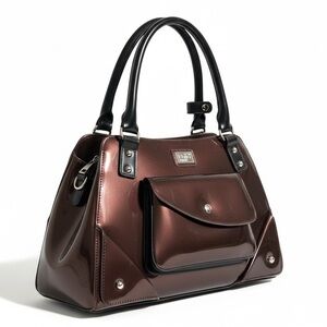 Beijo Vegan Patent Leather Satchel Shoulder Bag Dark Chocolate Brown
